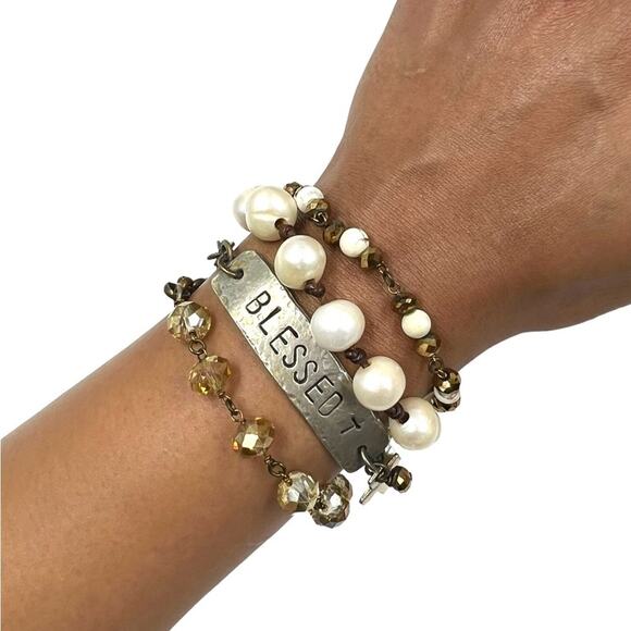 Handmade Boho Chunky Layered Pearl Chain Gold & Silver Wrap Blessed Bracelet - Picture 1 of 6